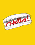 A greeting card with an illustration of a hot dog with the word 'Hello' written in stylized text on the mustard sauce.