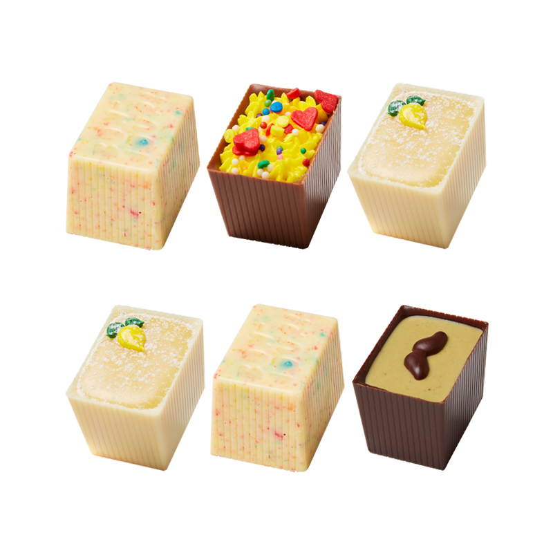 6 pieces of White Chocolate Bon Bon Bons displayed at an angle