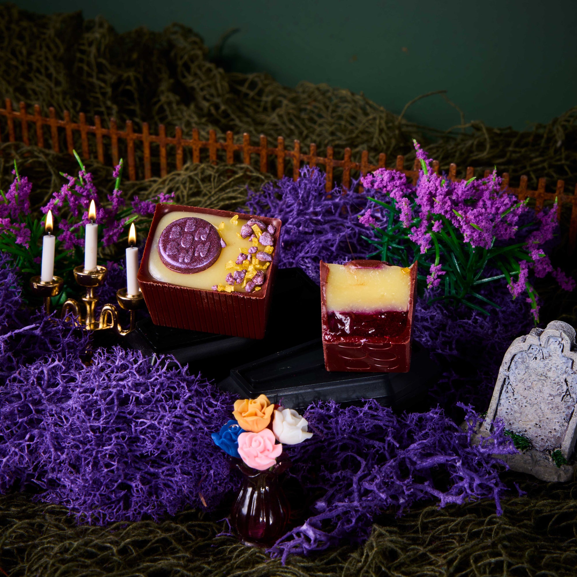 Bitter Bitch Bon whole and cross section on a purple and green background