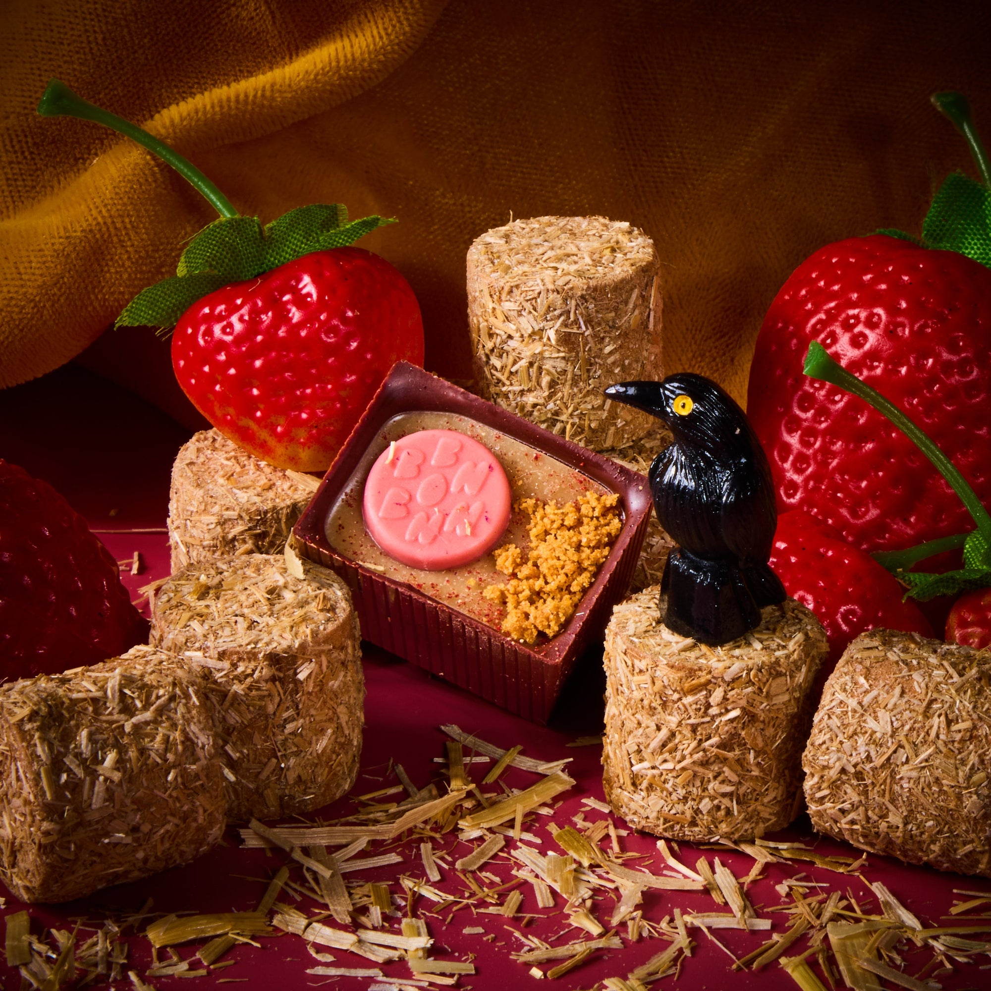 Straw Barb Bon nestled in between mini ay bales with a crow and strawberries