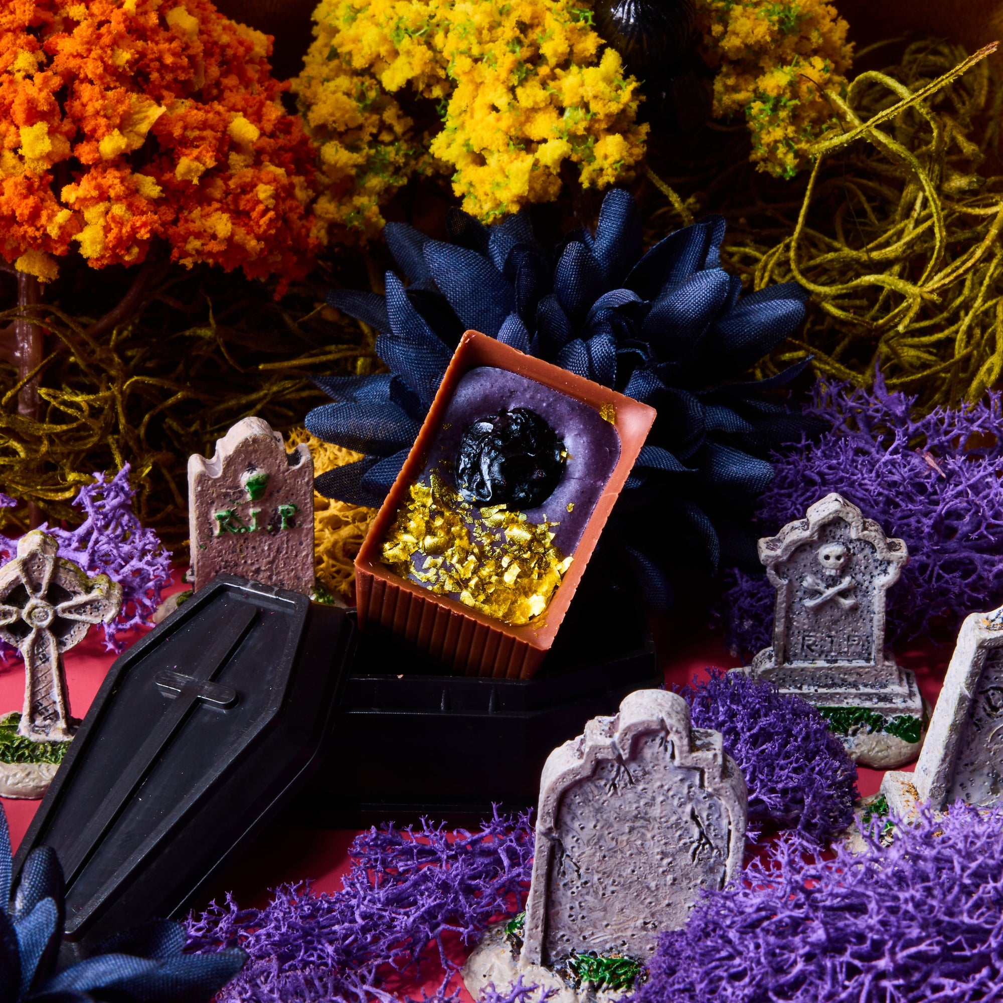 indigo Bon with graves and flowers, sitting on a black coffin