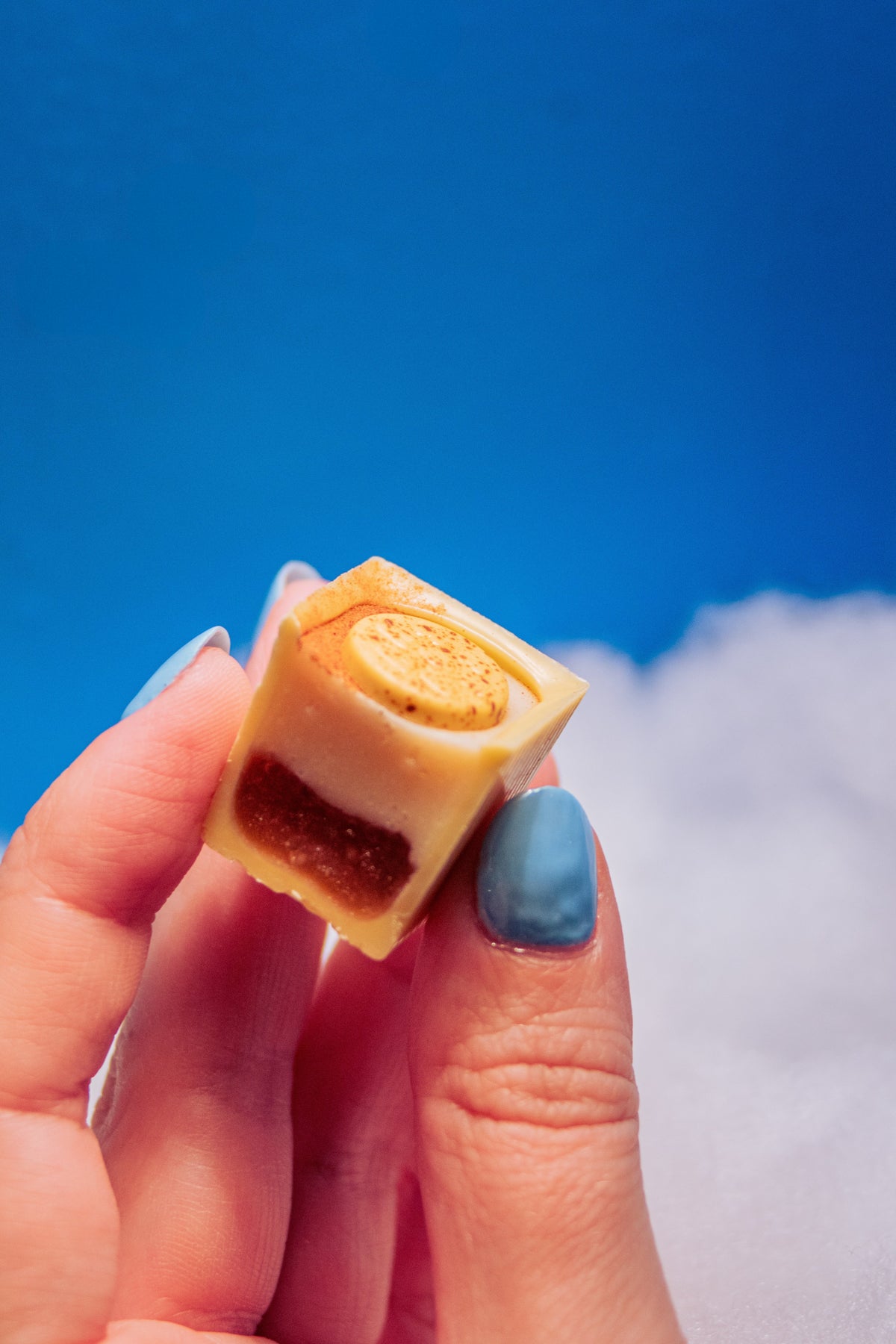 Hand holding half a Bon in the sky.