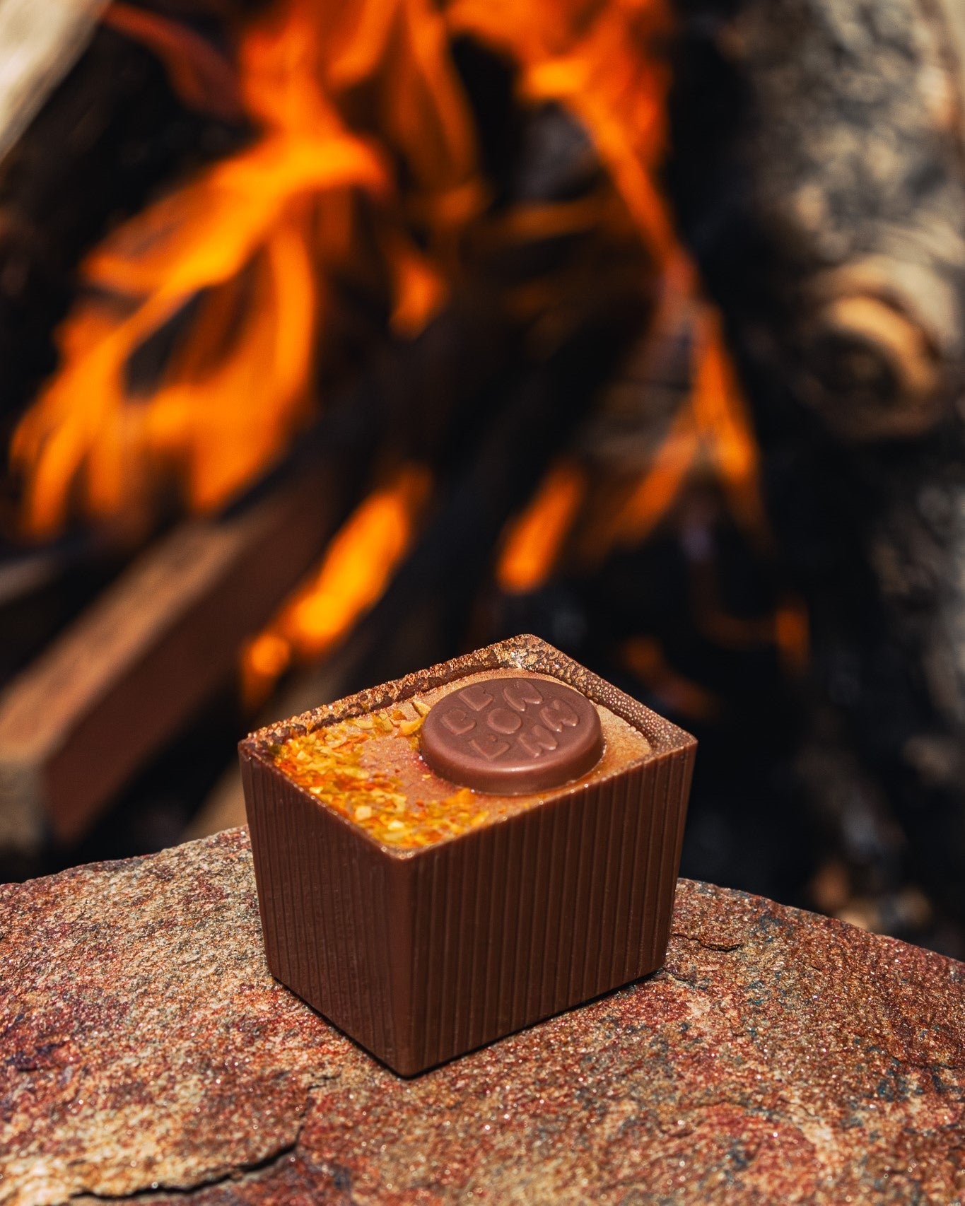 Bon sitting on a stone with a fire in the background blurred.