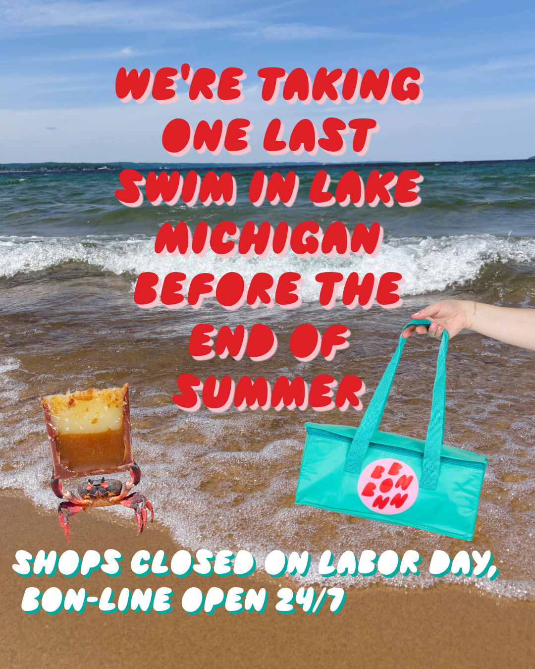 Image of a beach with text stating that shops are closed on labor day