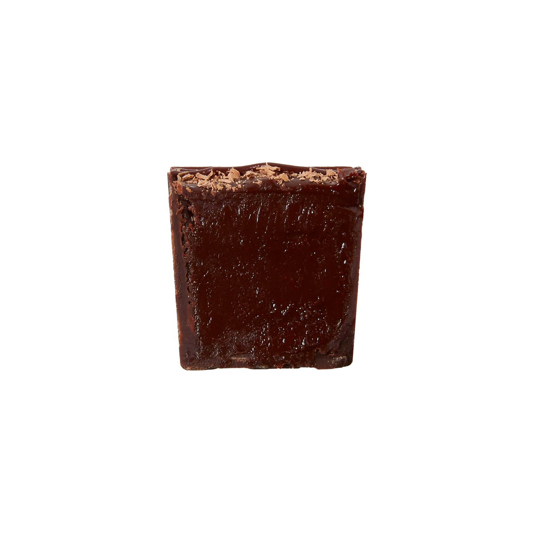 Dark "Up" bon bon Dark chocolate ganache in a dark chocolate shell with dark chocolate cut in half