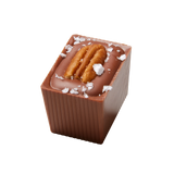 A chocolate candy with caramel and nuts, topped with flaky salt.