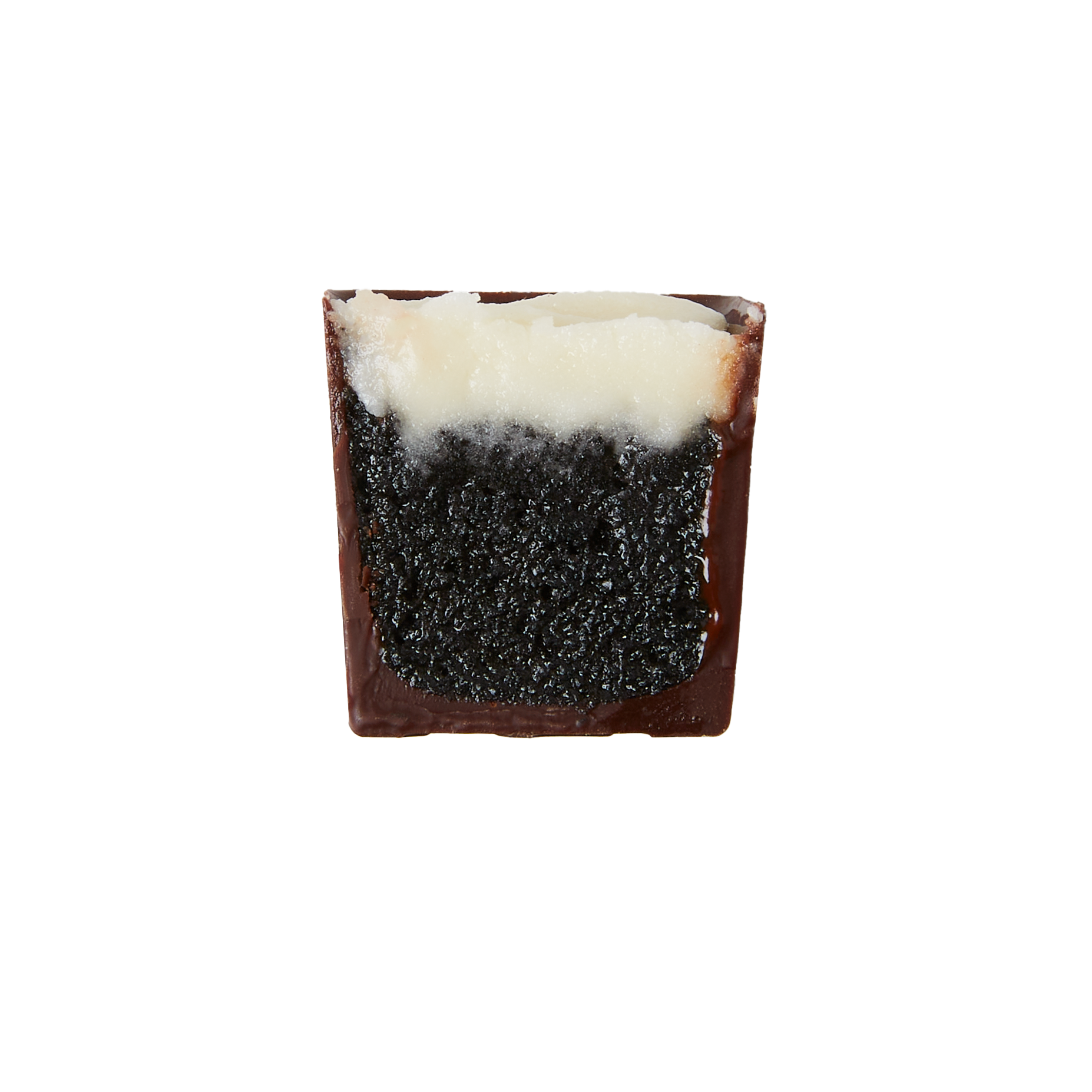 Bumpy-Fudgy chocolate cake cream bon bon cut in half