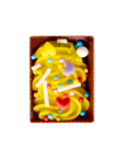 Colorful candy with a yellow swirl in a brown box on a white background