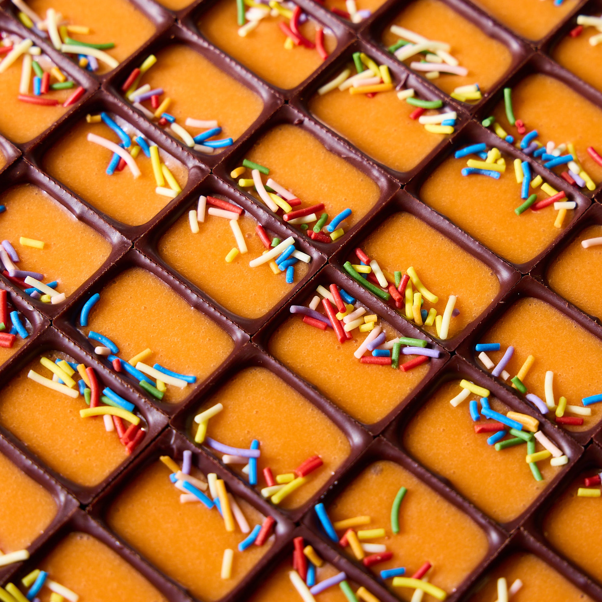 Close-up of chocolates with orange filling and colorful sprinkles