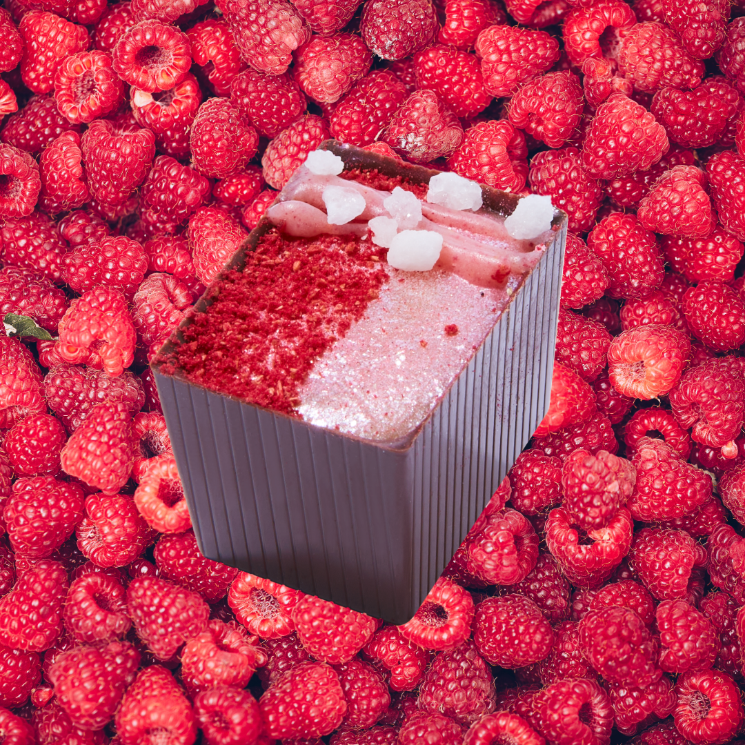 Raspberry Bon in front of a background of raspberries