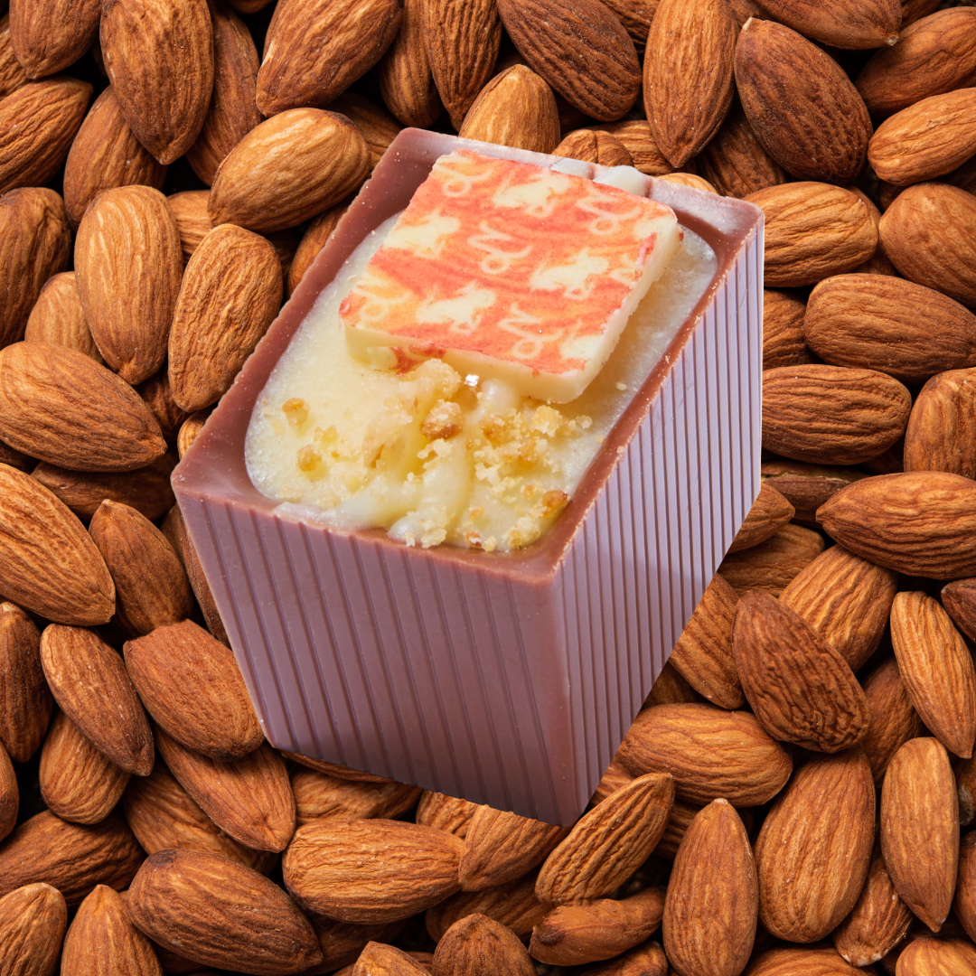 Rectangular Capricorn Bon with a textured top on a bed of almonds