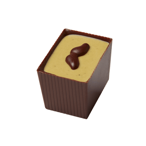 Mustachio chocolate bon bon from Bon Bon Bon, as seen from an angle