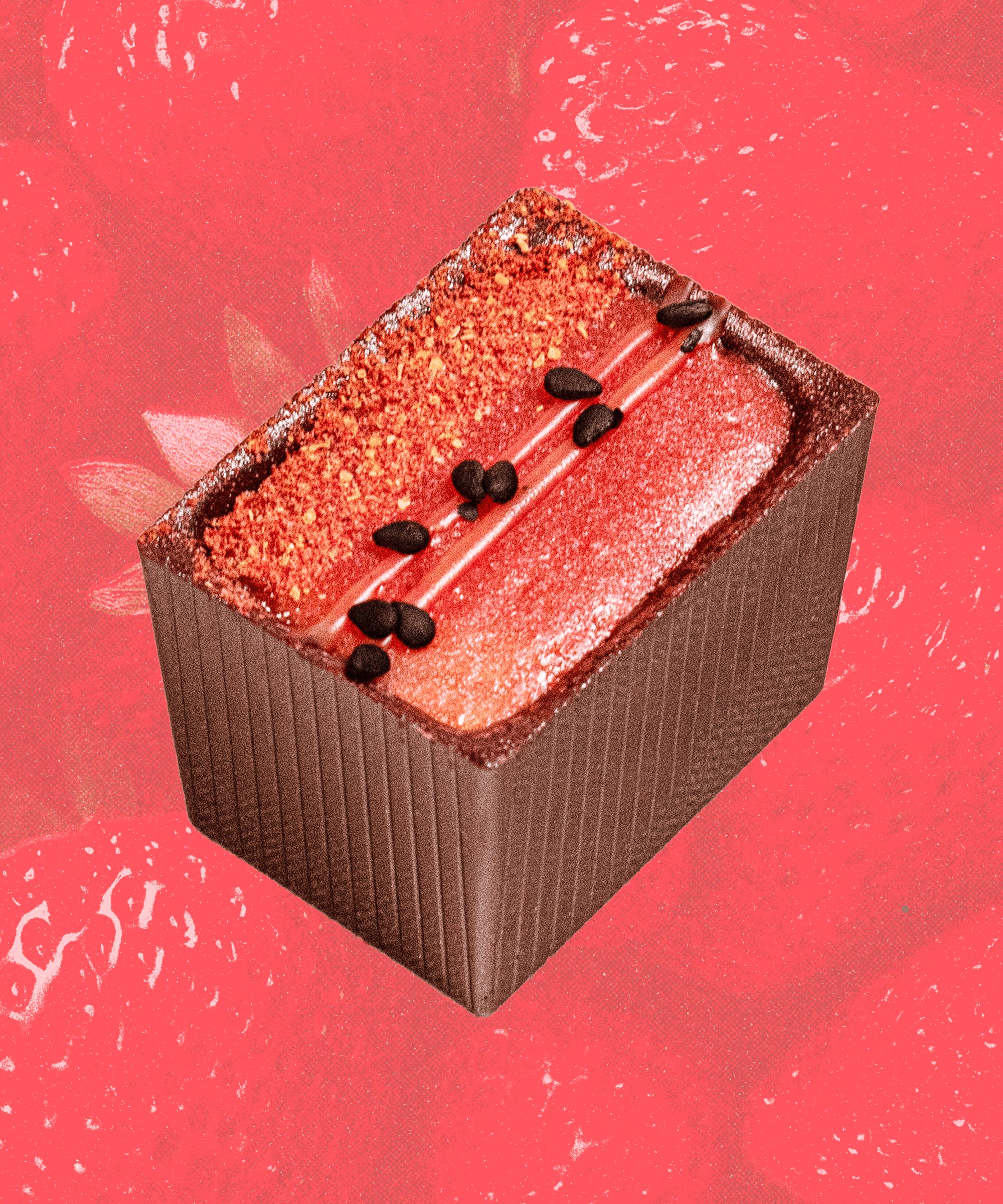 Oishii Berry Bon on a graphic image background of strawberries